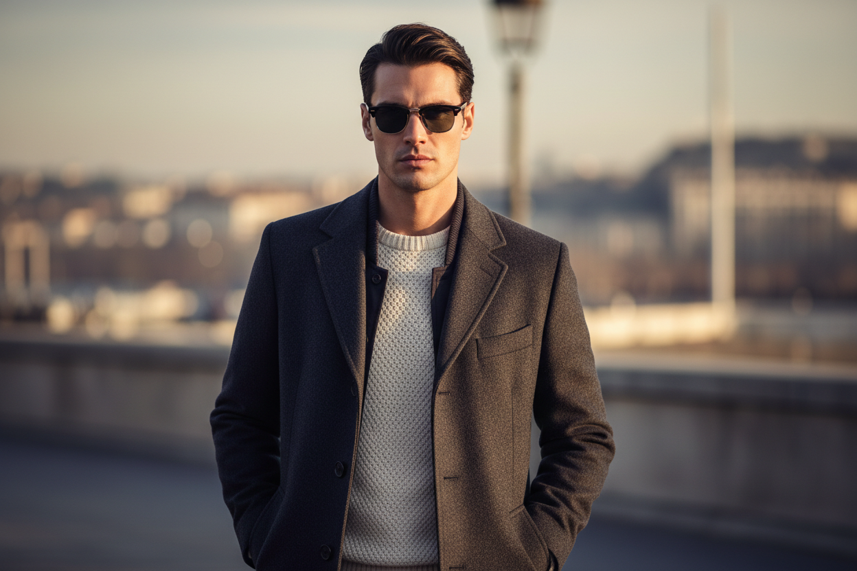A stylish male model wearing premium winter fashion, standing confidently with hands in pockets. Sharp jawline, modern haircut, classic sunglasses, dark overcoat layered over a light knit sweater. Replace mountains with a new luxury background featuring soft blurred city skyline or minimalist architectural elements. Cinematic lighting, clean neutral tones, high-end fashion editorial vibe, European elegance, no female model, no text, no logos.