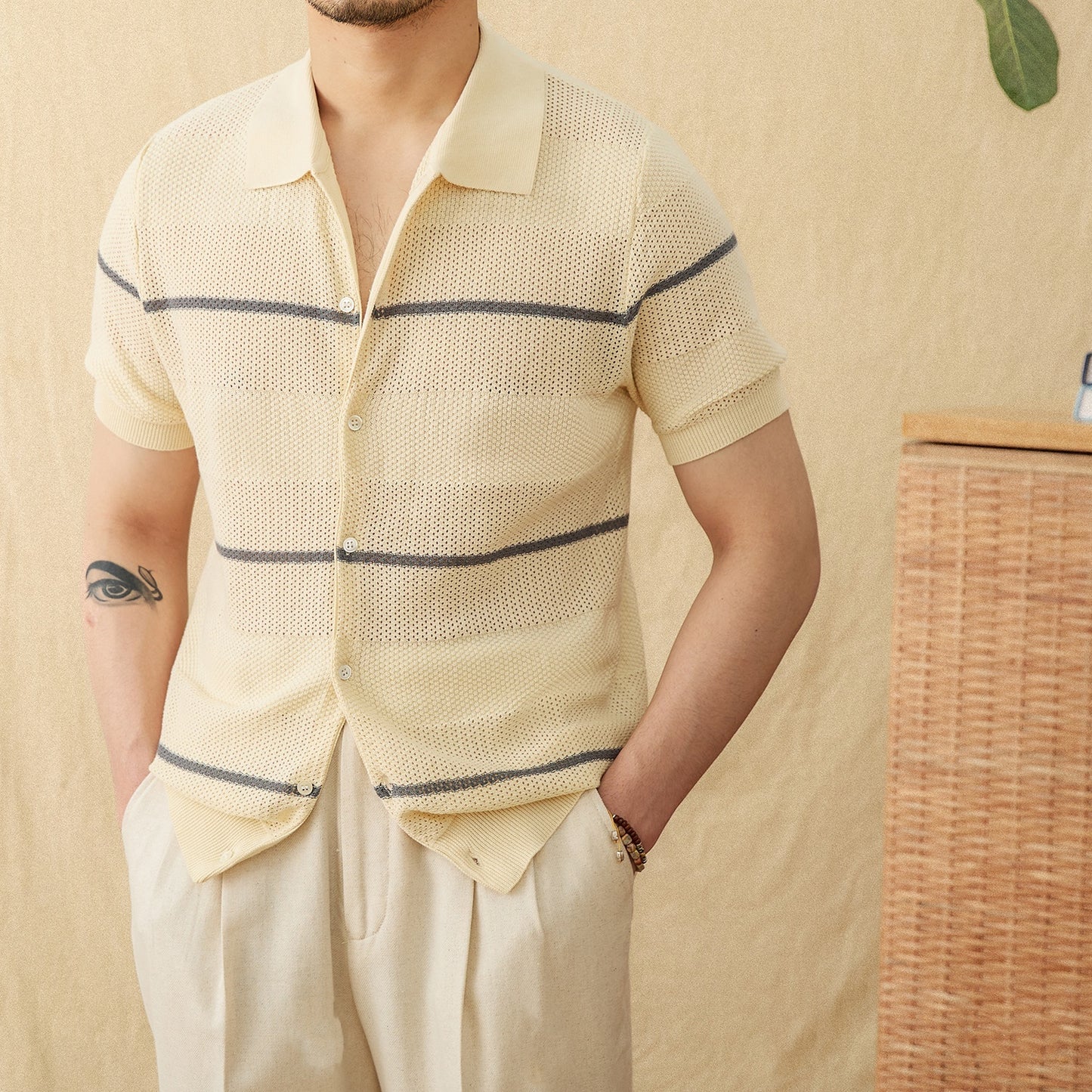 Moda Elite| Dzianinowy kardigan polo z bawełny i lnu